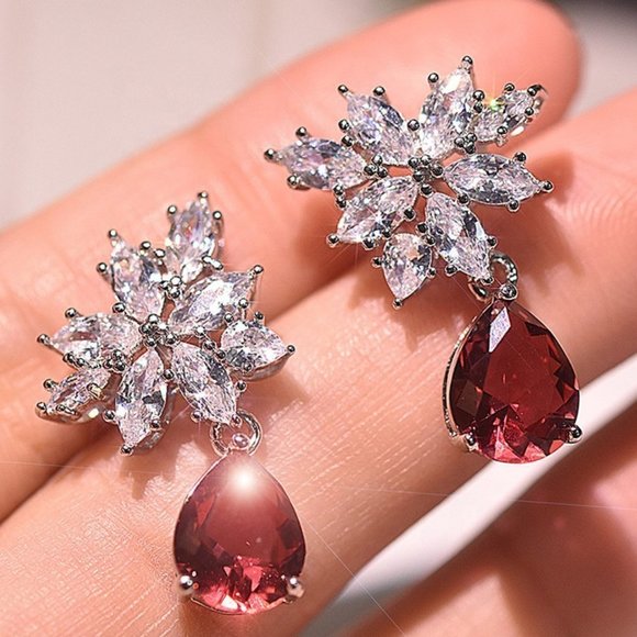 🍁Water Drop Ruby CZ Shiny Leaf Pear Drop Earrings, GPMB1412 - Picture 2 of 4